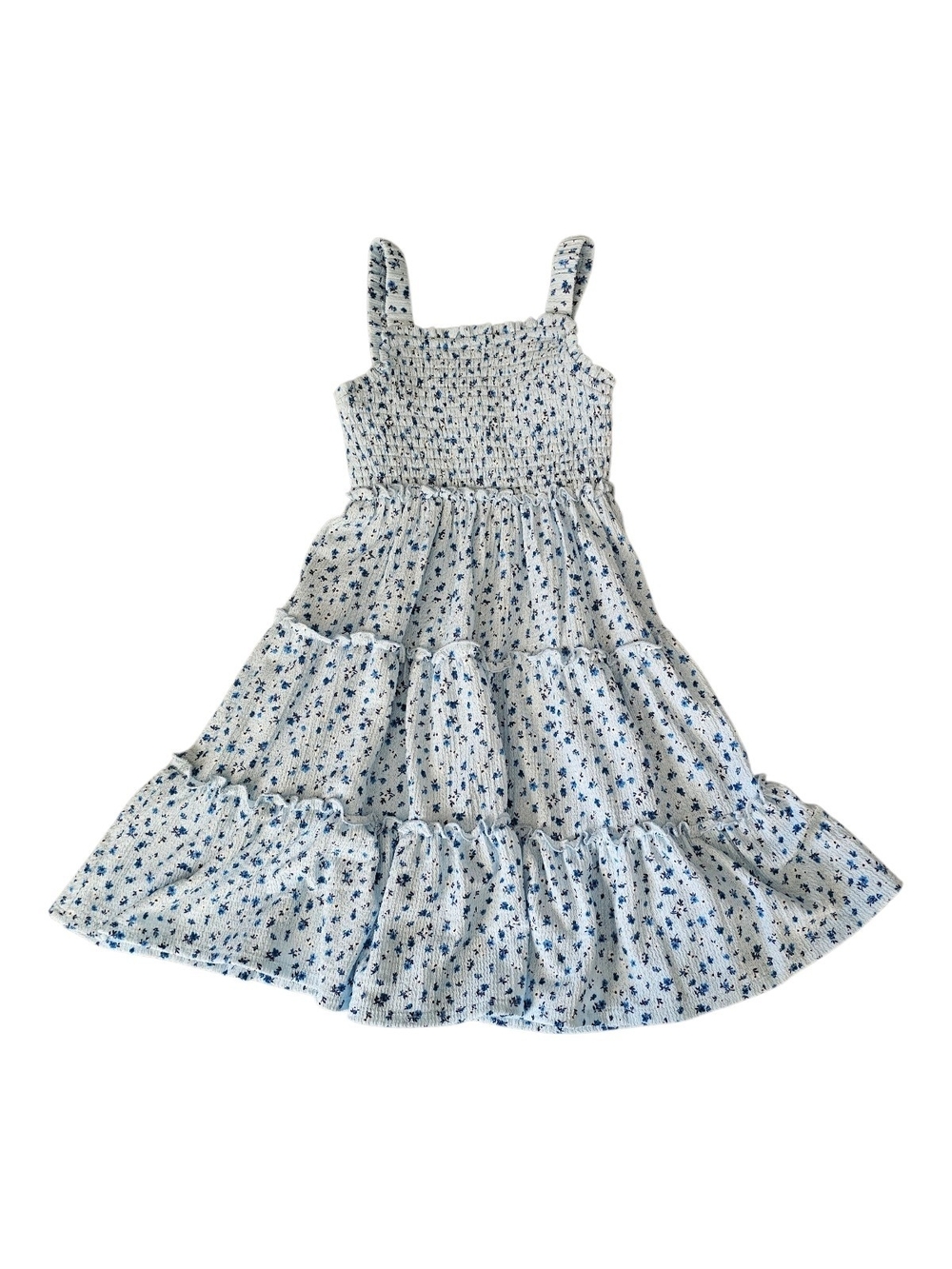 Rare Editions White and Blue Floral Smocked Tiered Dress